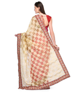 Beige & Magenta Net Saree