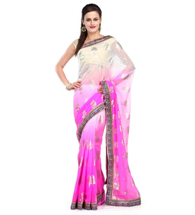 Off White & Pink Faux Chiffon Saree