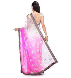 Off White & Pink Faux Chiffon Saree