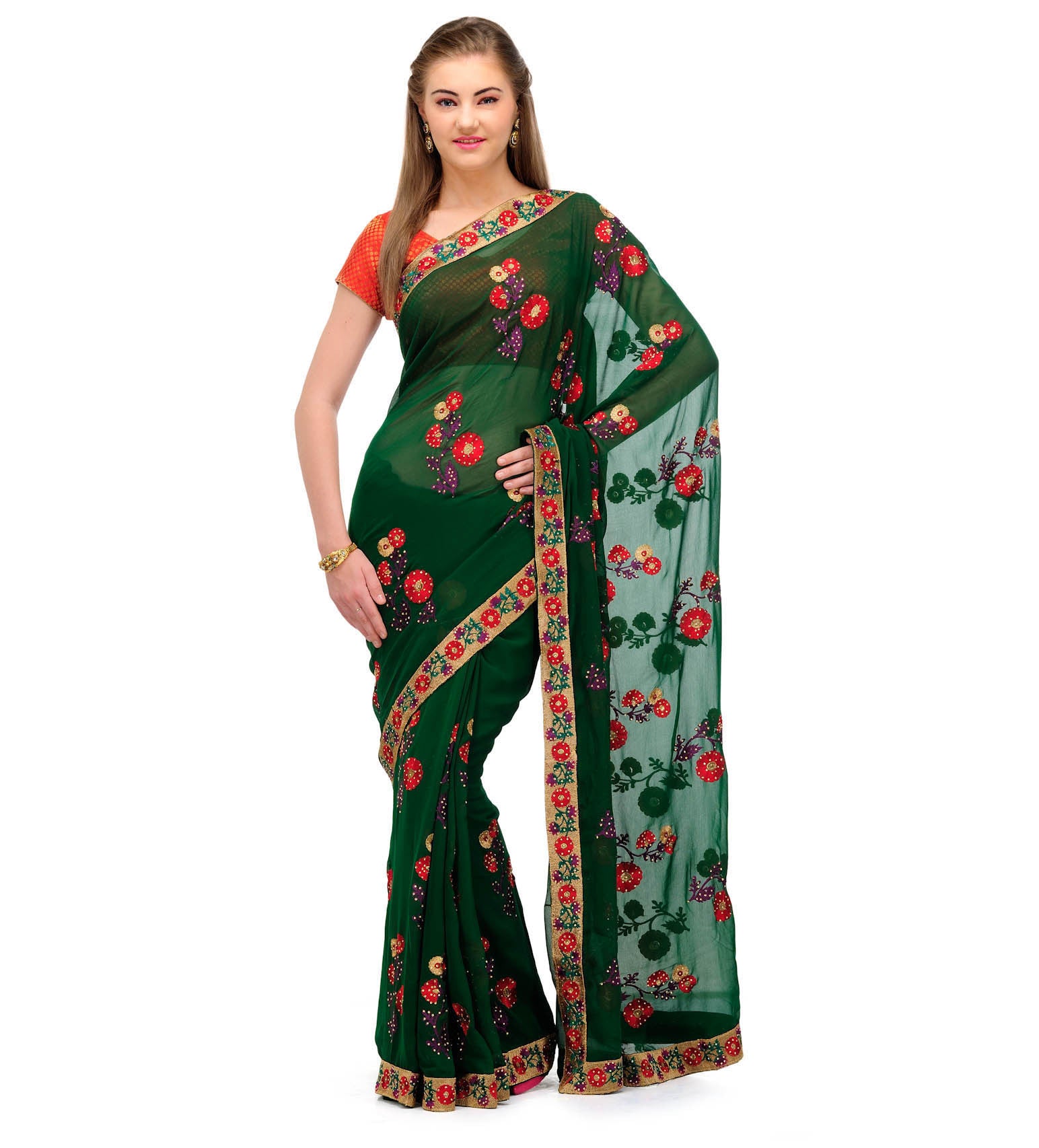 Dark Green Faux Chiffon Saree