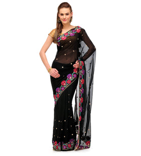 Black Faux Georgette Saree