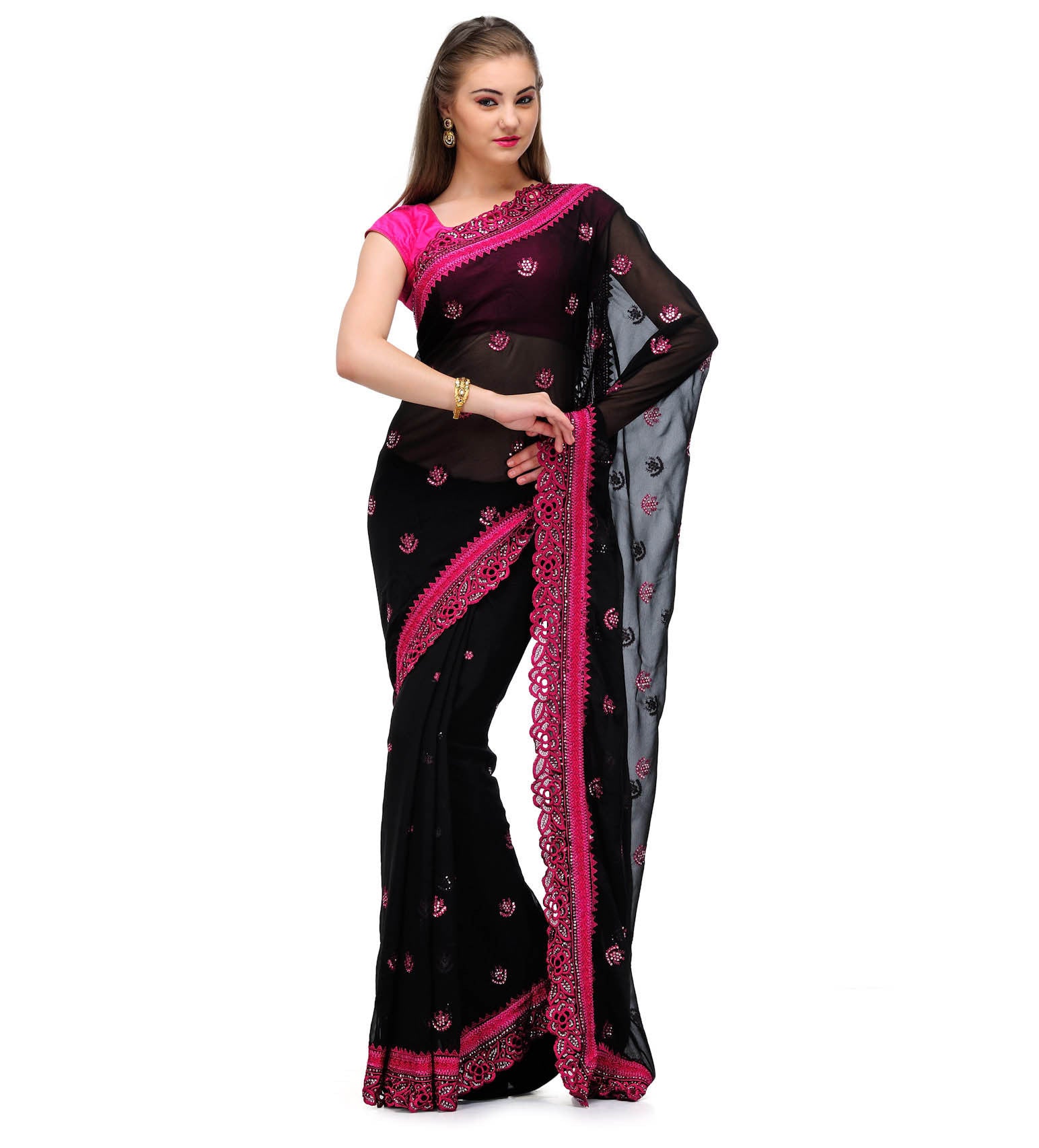 Black Faux Georgette Saree