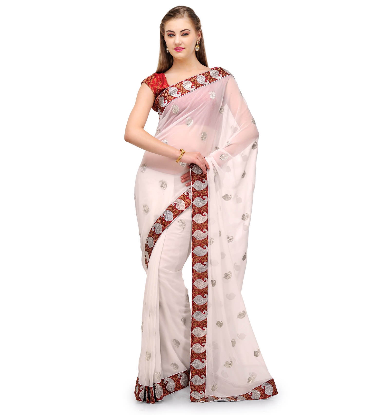 White Faux Georgette Saree