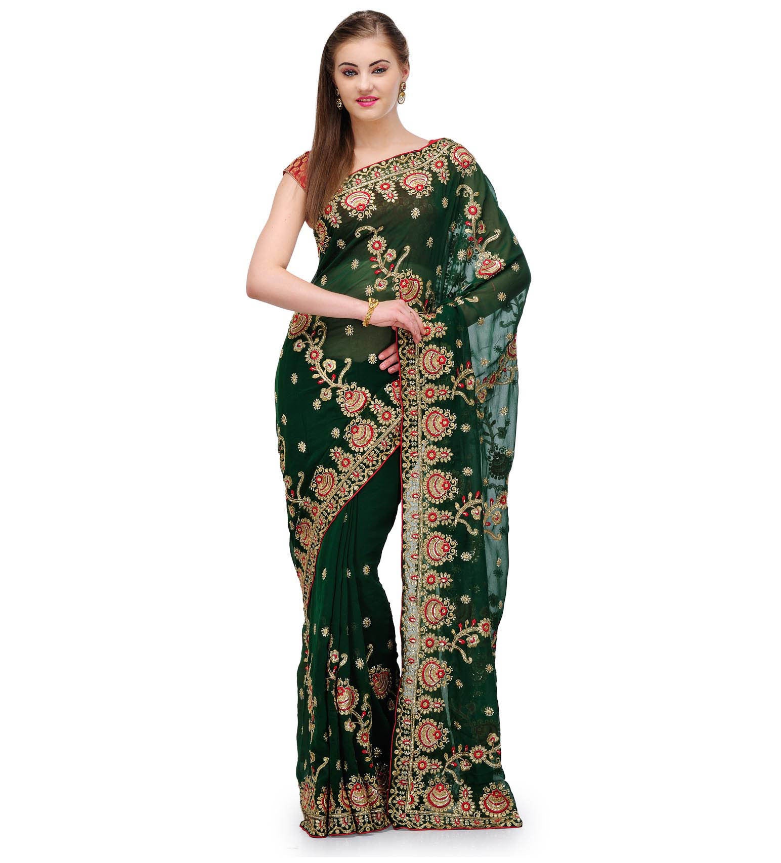 Dark Green Faux Georgette Saree