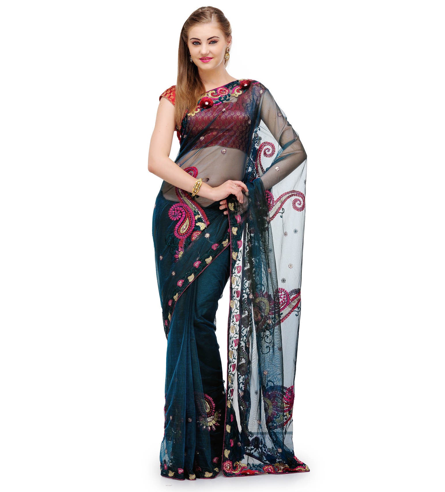 Dark Blue Net Saree with Resham Work