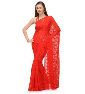 Red Faux Crepe Saree