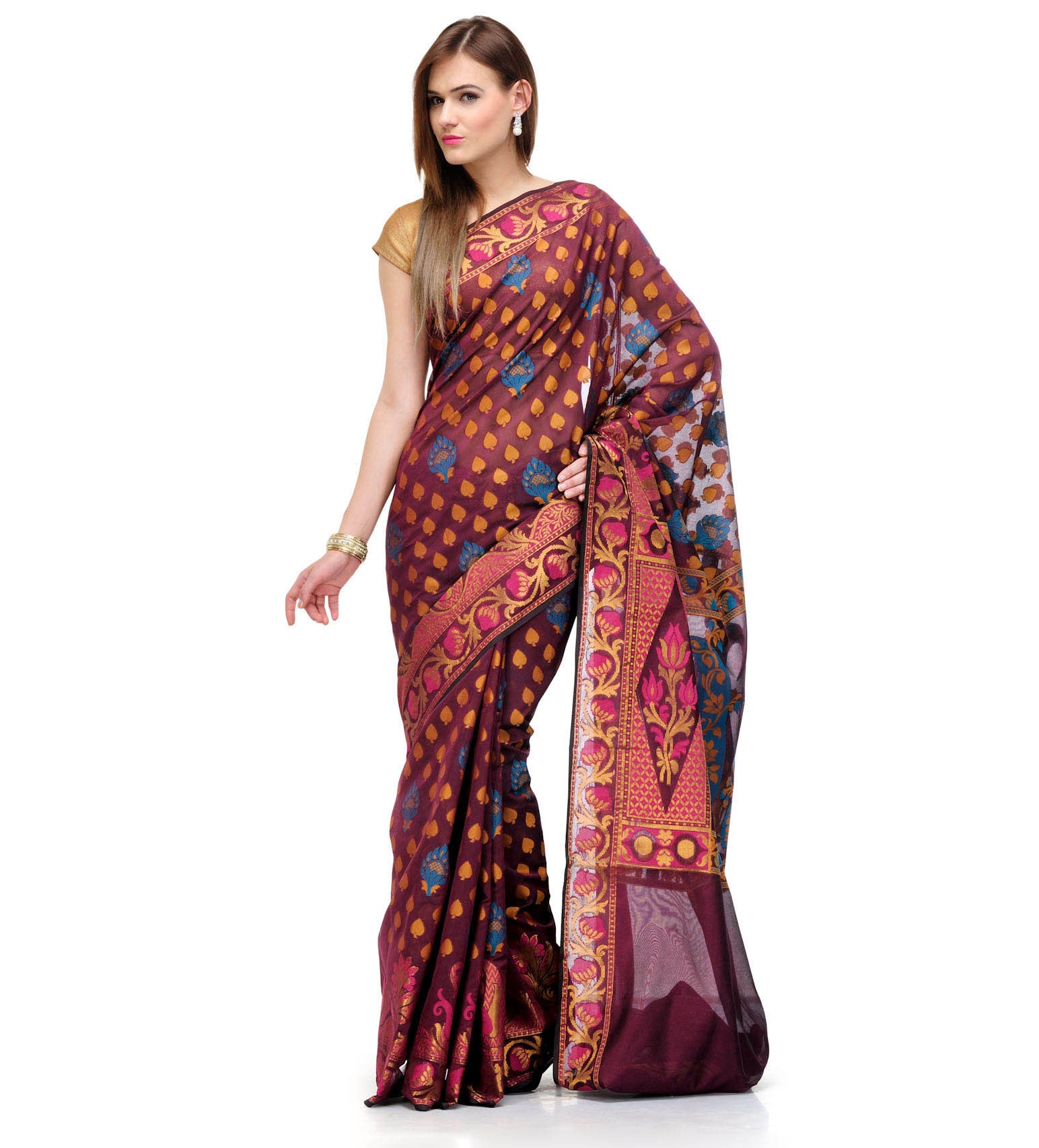 Burgundy Banarasi Chanderi Cotton Saree