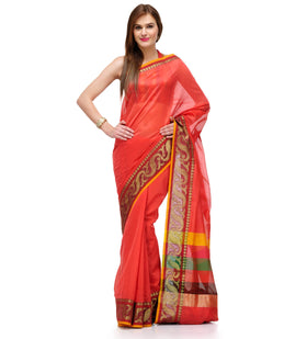 Red Banarasi Chanderi Cotton Saree