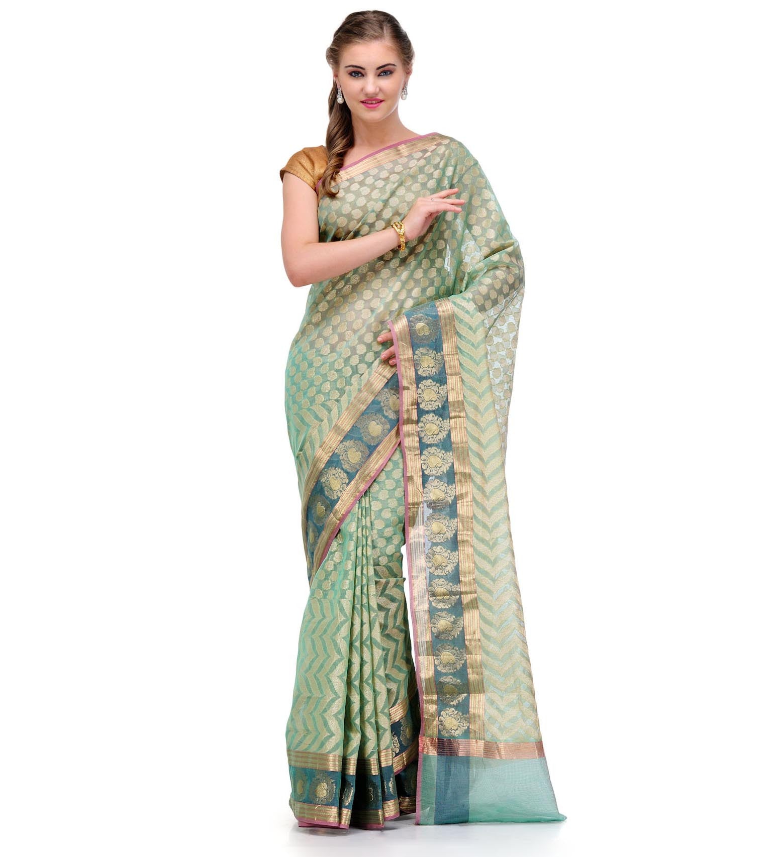 Pista Green Supernet Banarasi Saree