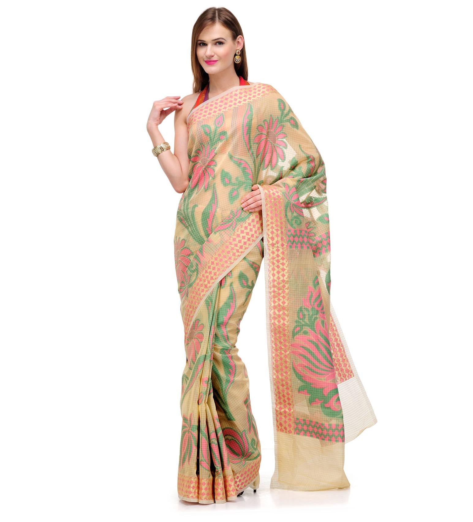 Beige Cotton Blend Banarasi Saree