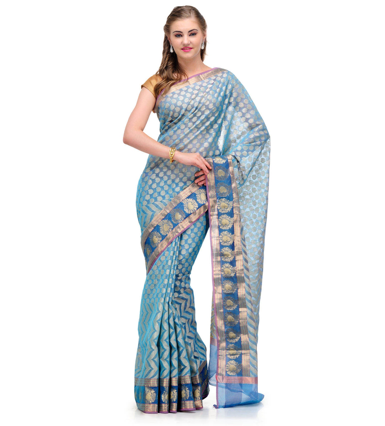 Sky Blue Supernet Banarasi Saree