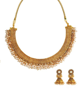 White Gold Toned Polki Collar Necklace Set