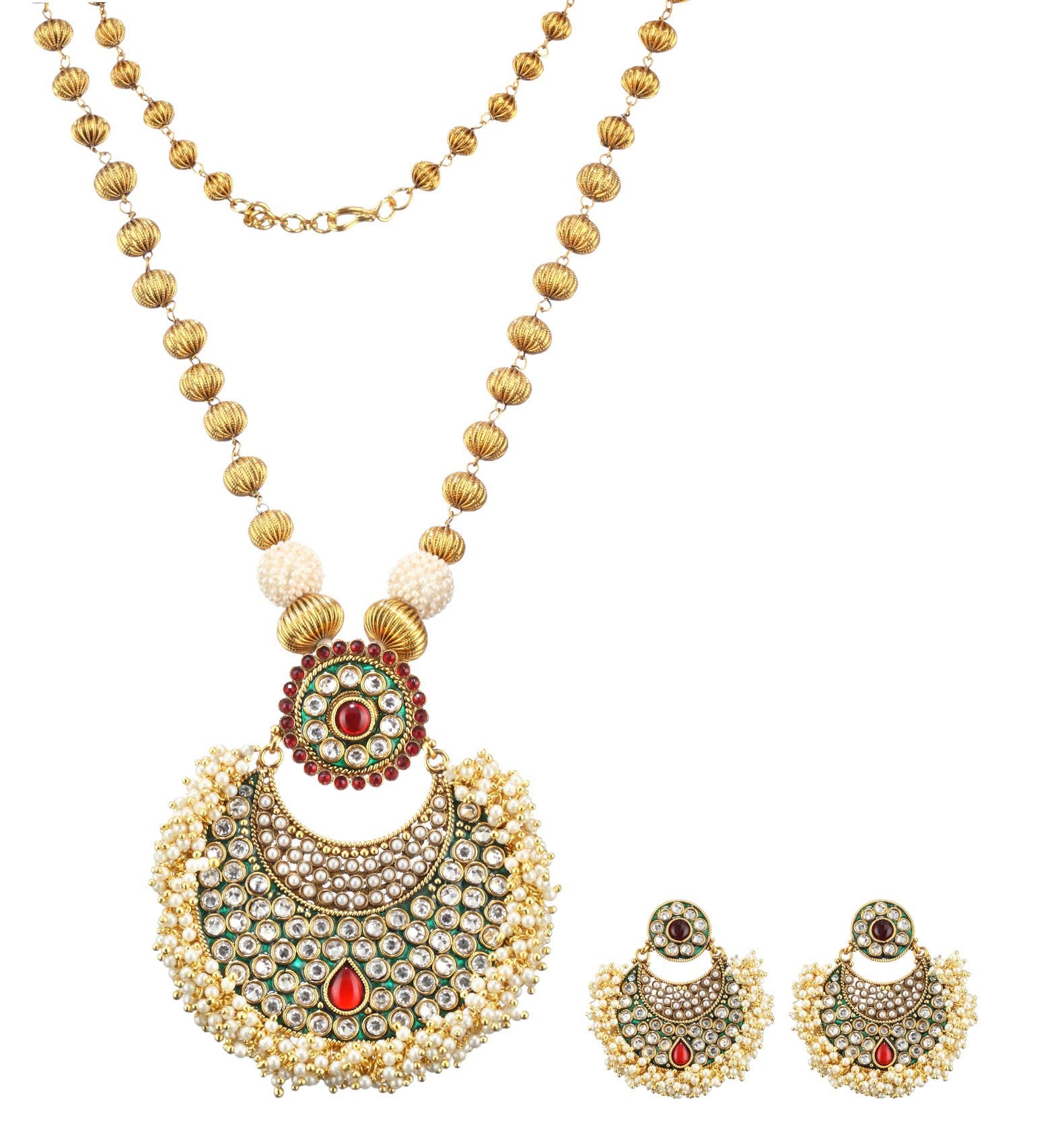 Stone Studded Gold Toned Polki Necklace Set