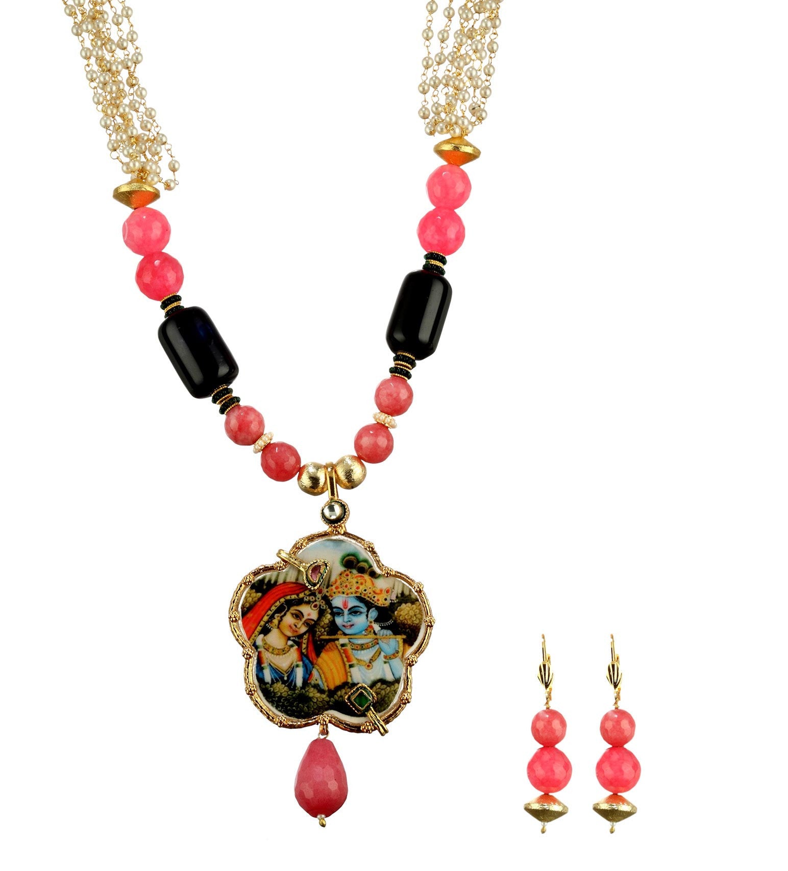 Antique Beaded Temple Design Pendant Mala Set