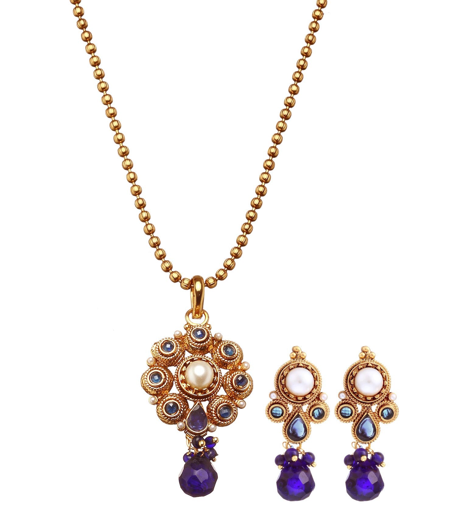 Royal Blue Stone Studded Chain Pendant Set