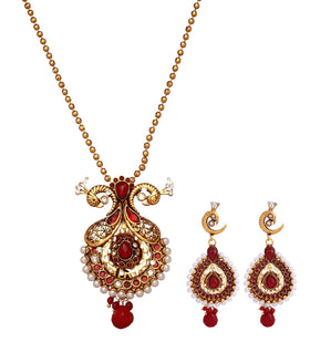 Peacock Design Maroon Stone Studded Pendant Set