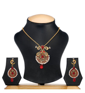 Peacock Design Maroon Stone Studded Pendant Set