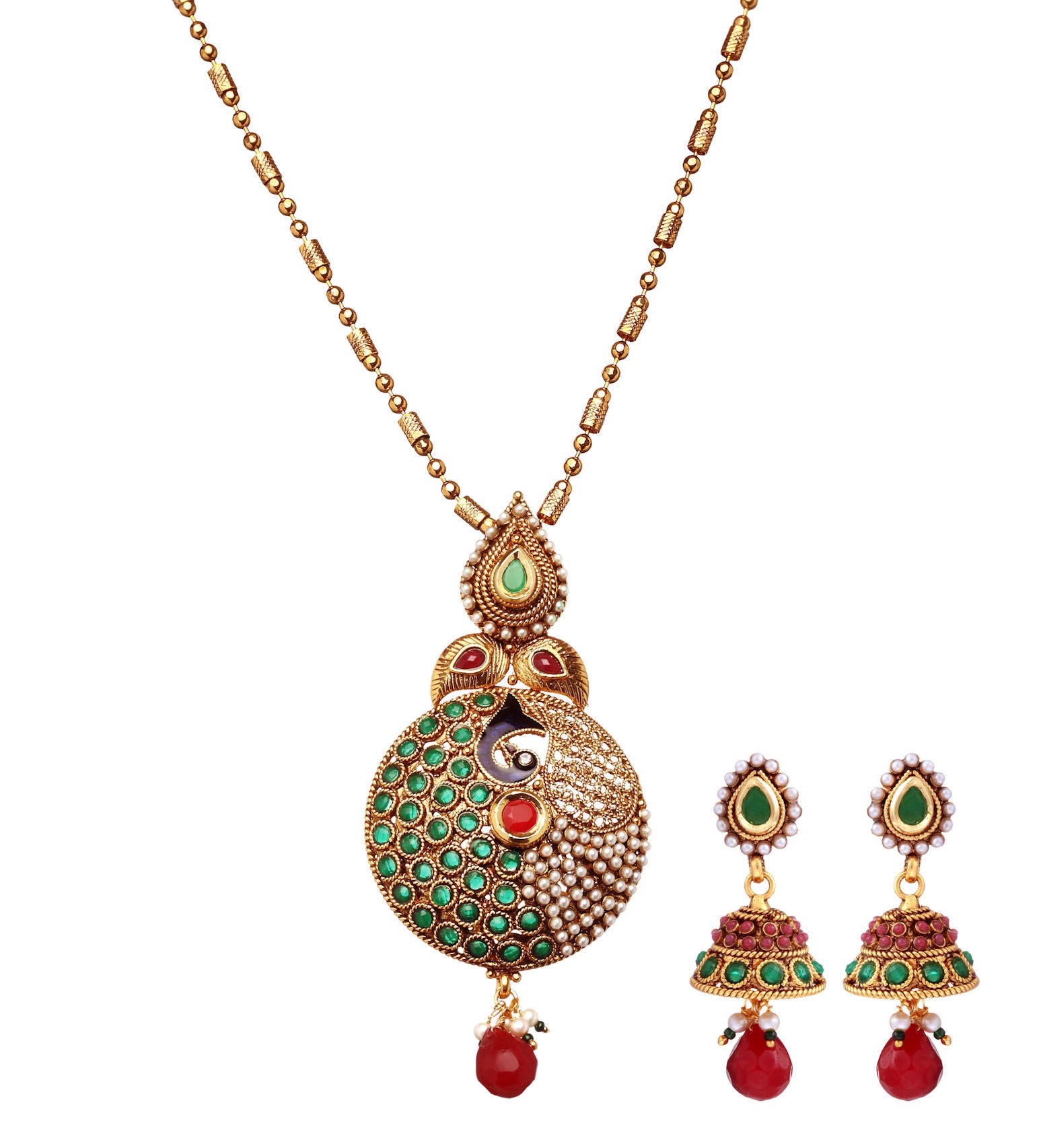 Semi-Precious Stone Studded Peacock Pendant Set