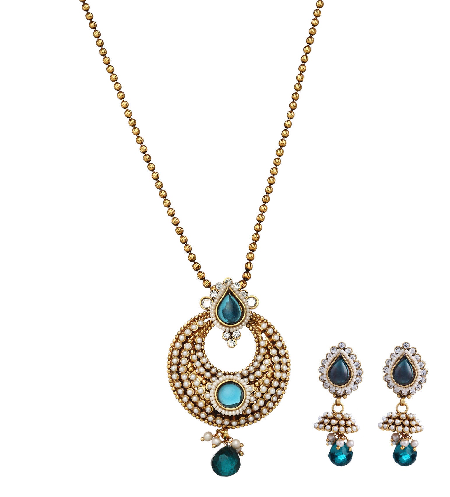 Blue Pearl & Ruby Studded Pendant Set