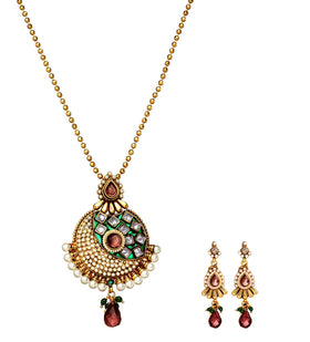 Purple Meenakari Gold Toned Chain Pendant Set