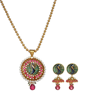 Semi-Precious Stone Studded Peacock Pendant Set