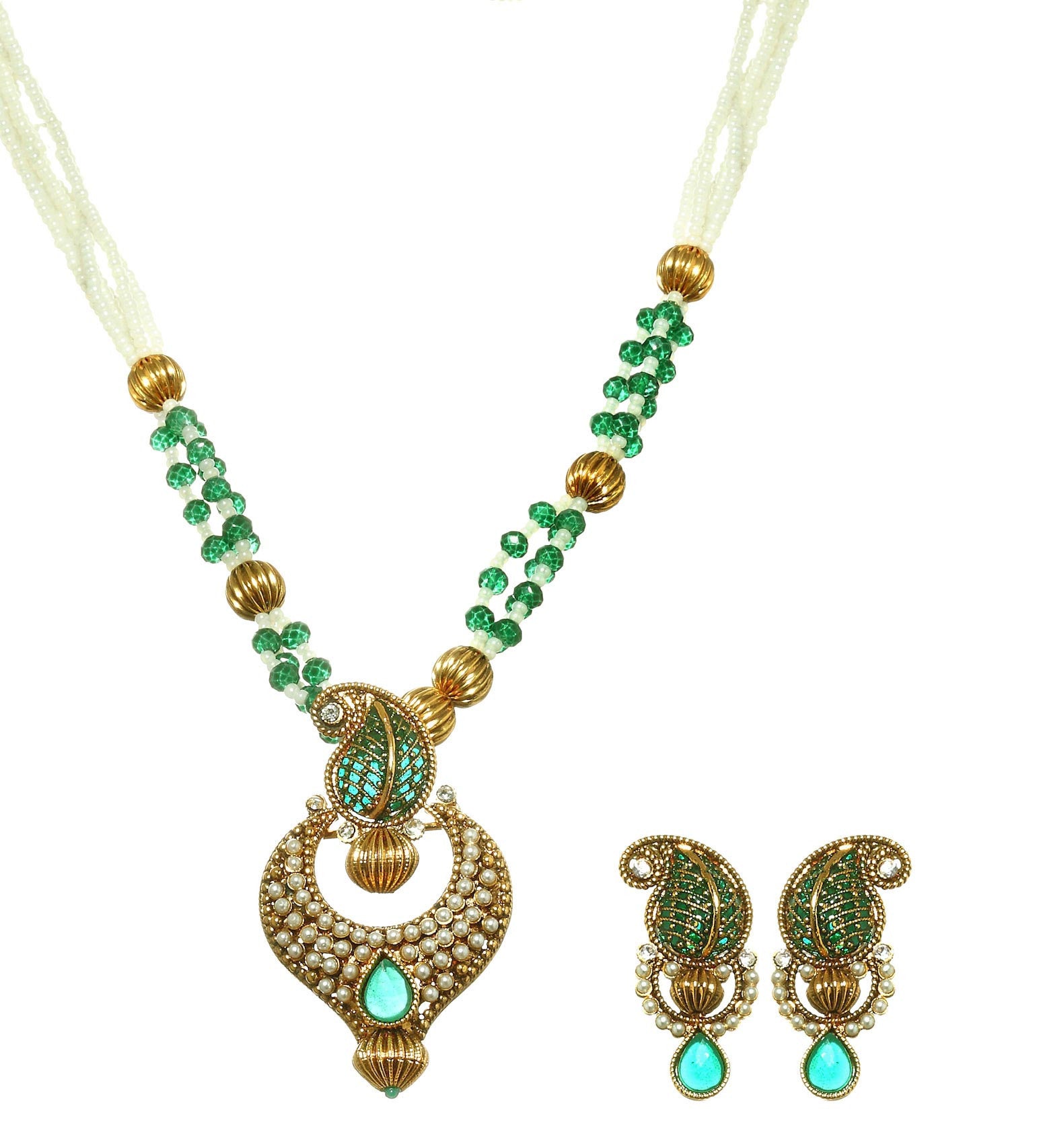 Green Stone Beaded Leaf Design Pendant Set