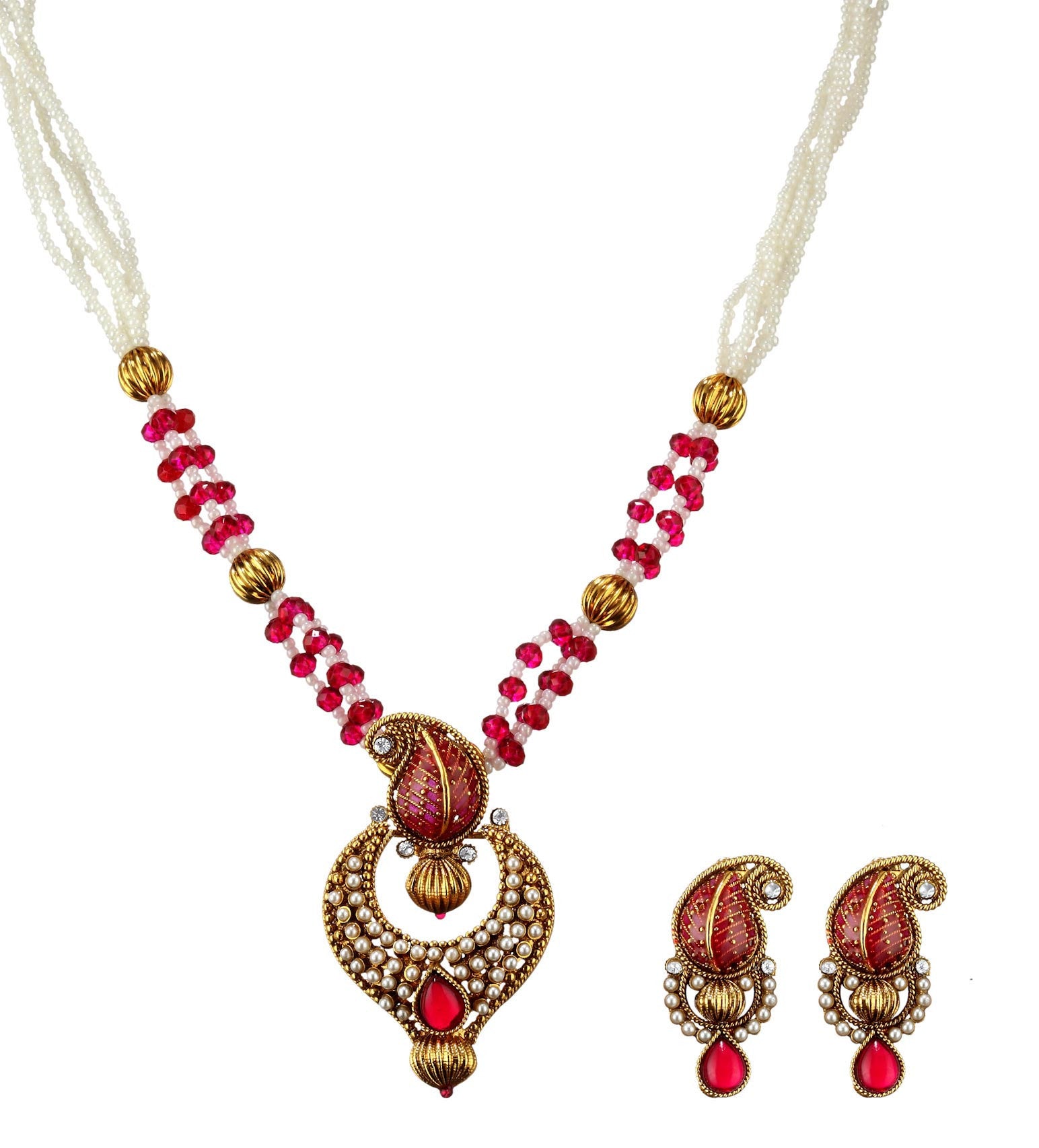 Magenta Stone Beaded Leaf Design Pendant Set