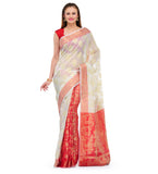 White & Red Chanderi Cotton Banarasi Saree