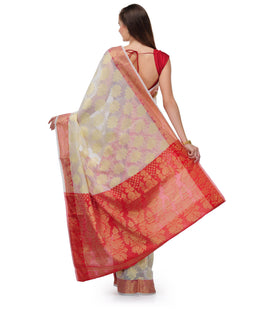 White & Red Chanderi Cotton Banarasi Saree