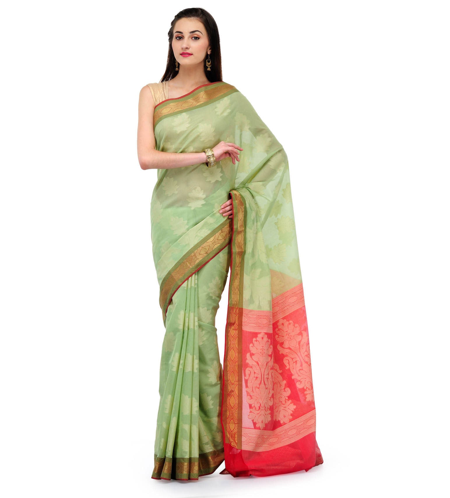 Light Green Chanderi Cotton Banarasi Saree