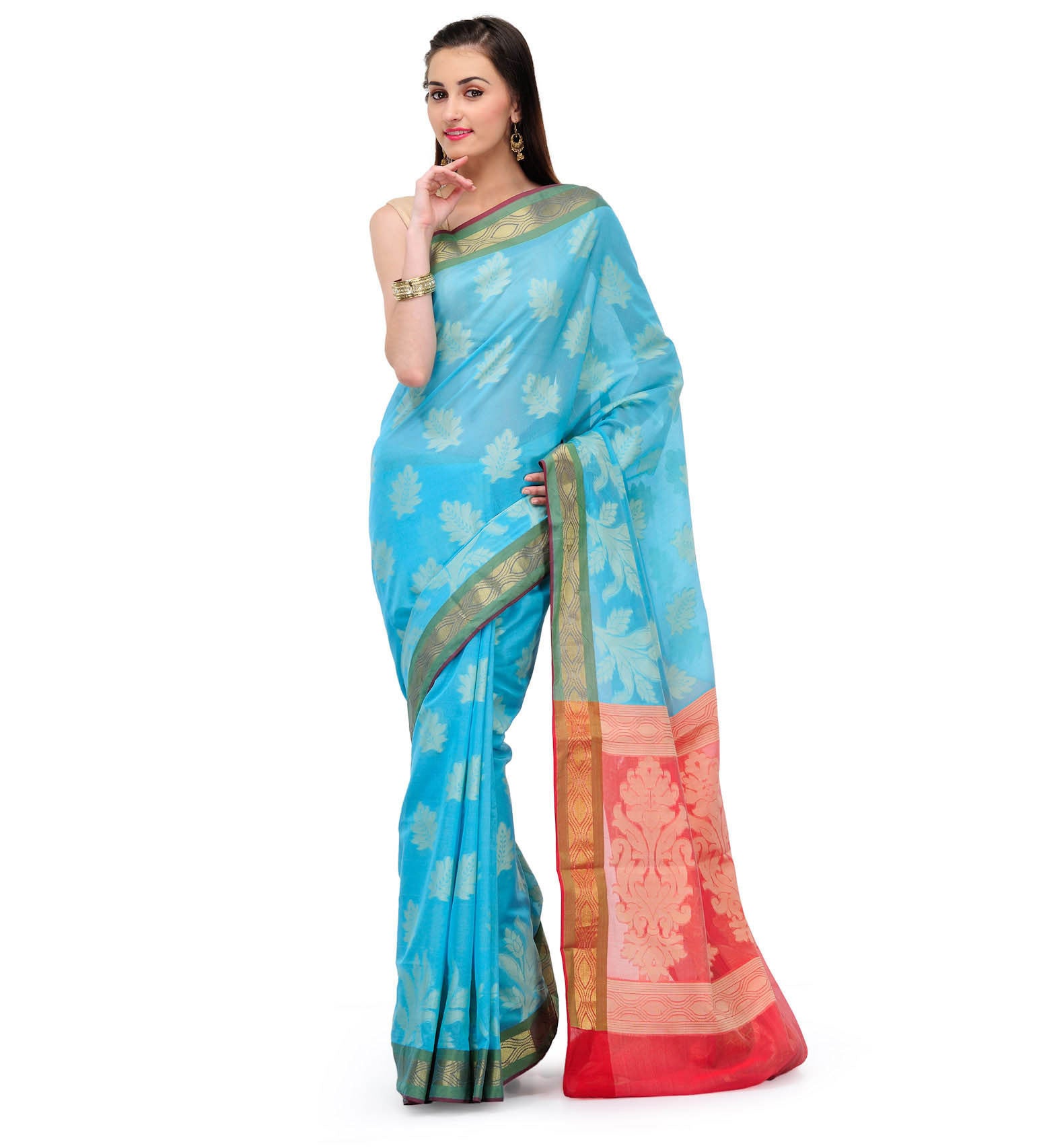 Turquoise Chanderi Cotton Banarasi Saree