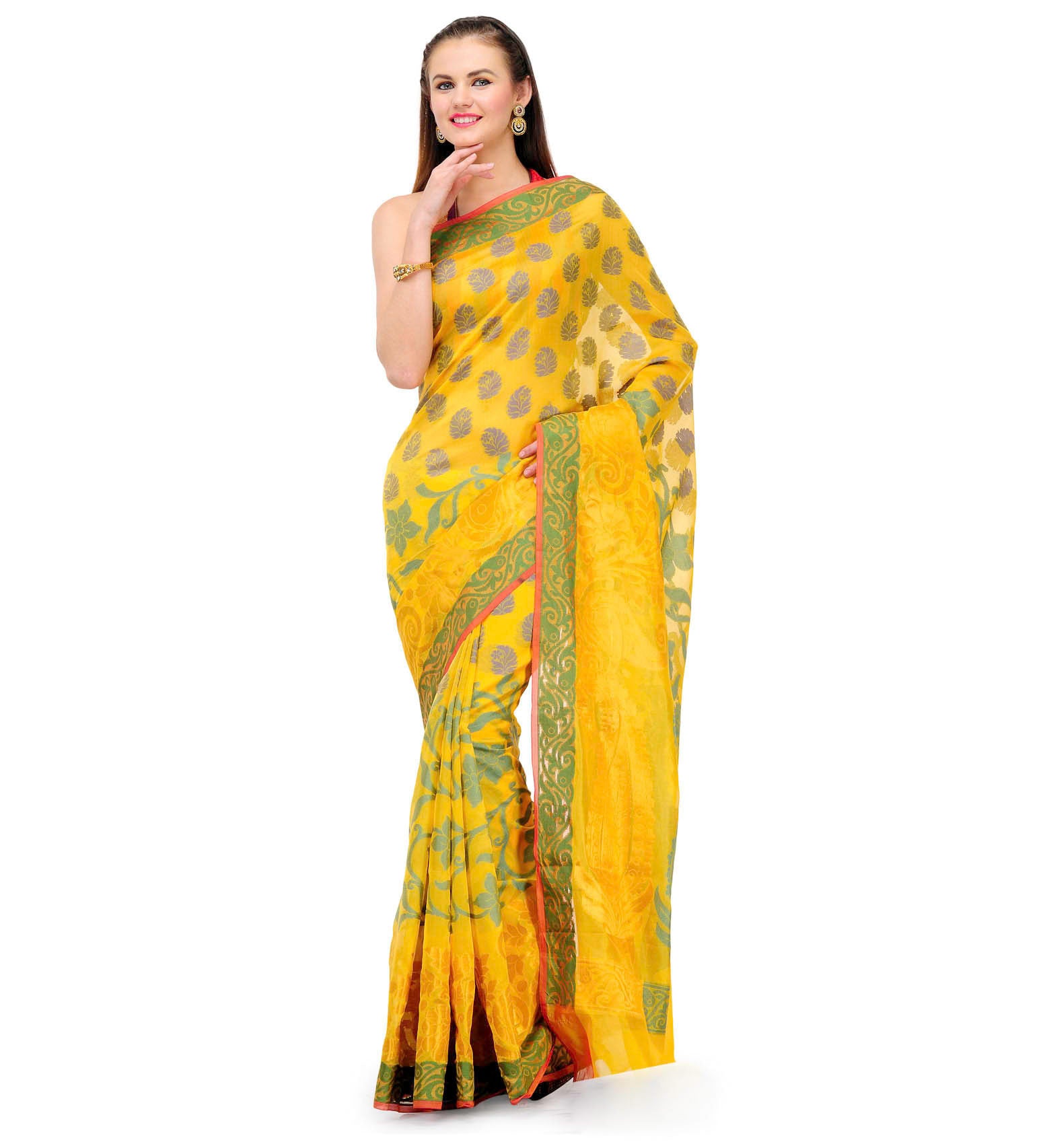 Yellow Chanderi Cotton Banarasi Saree