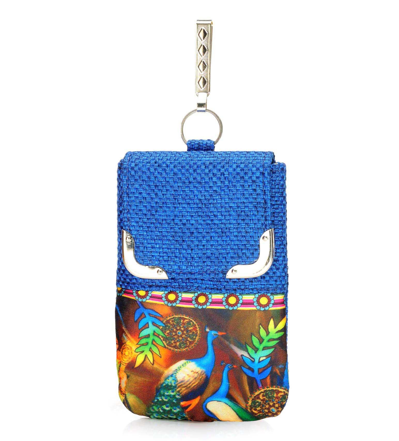 Royal Blue Jute Printed Mobile Pouch