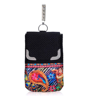 Black Jute Printed Mobile Pouch