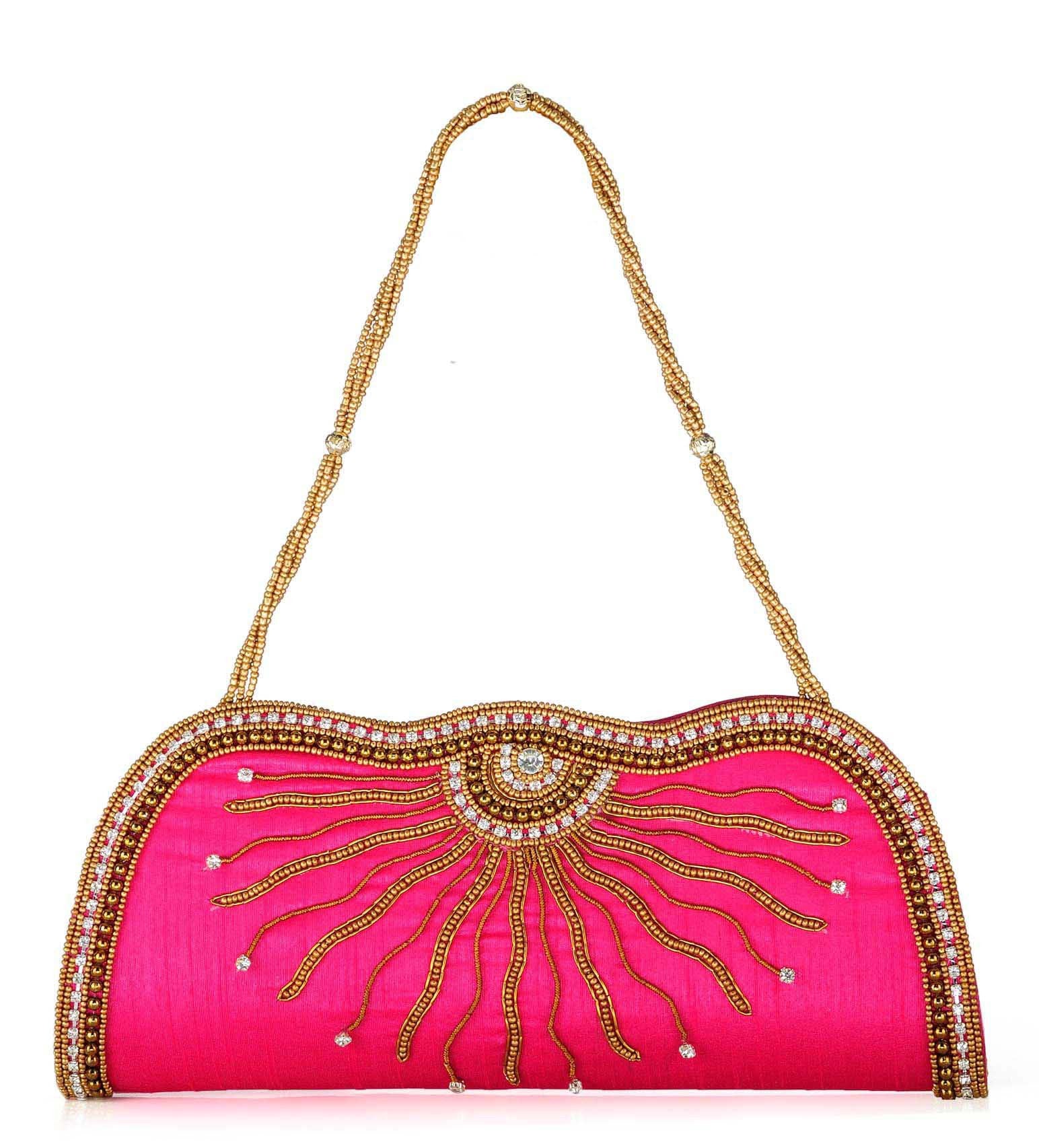 Magenta Art Silk Studded Clutch with Chain