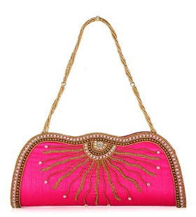 Magenta Art Silk Studded Clutch with Chain