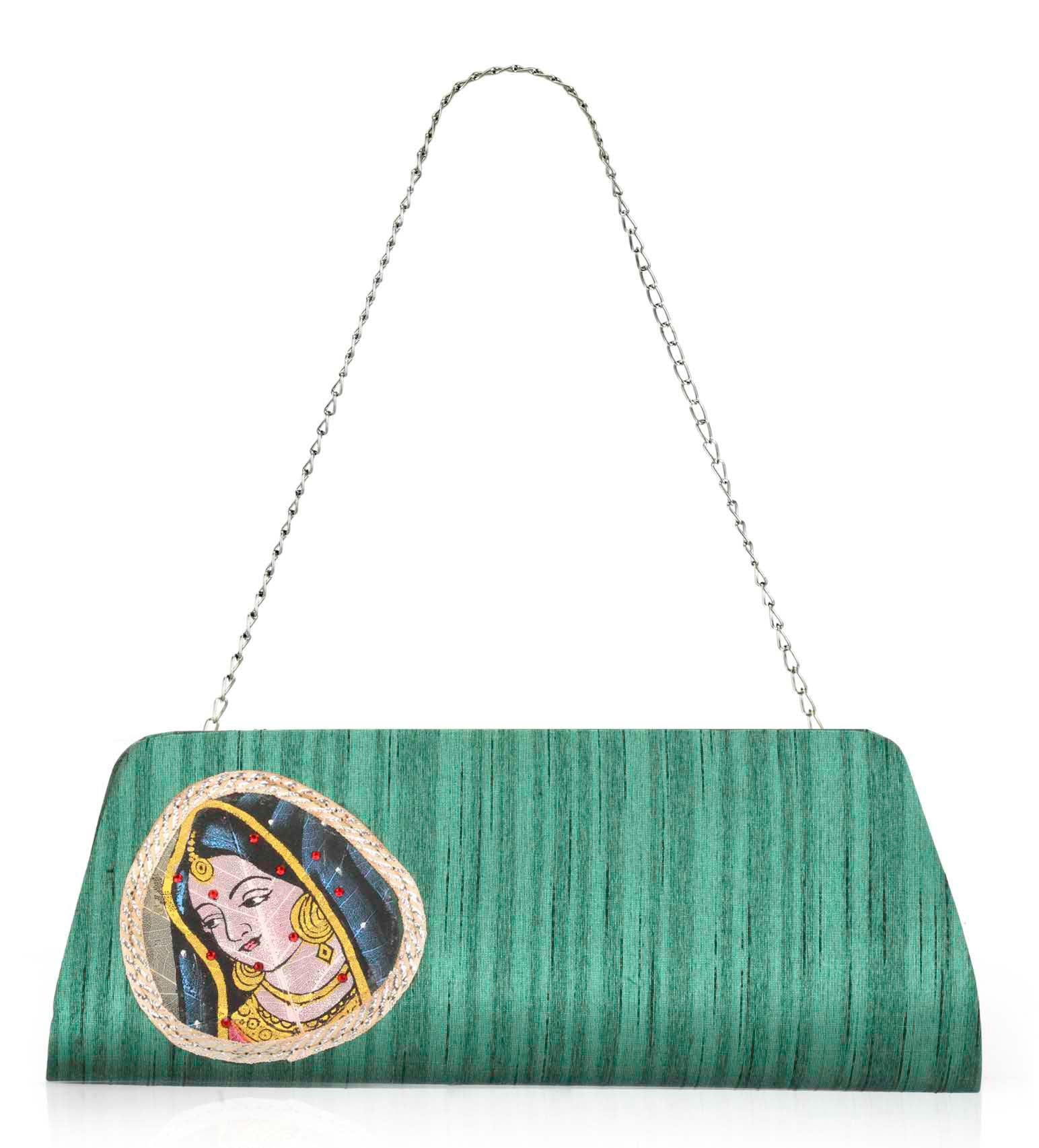 Green Art Silk Printed Clutch