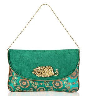 Green Velvet & Art Silk Stone Studded Clutch