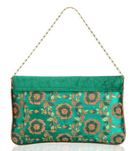 Green Velvet & Art Silk Stone Studded Clutch