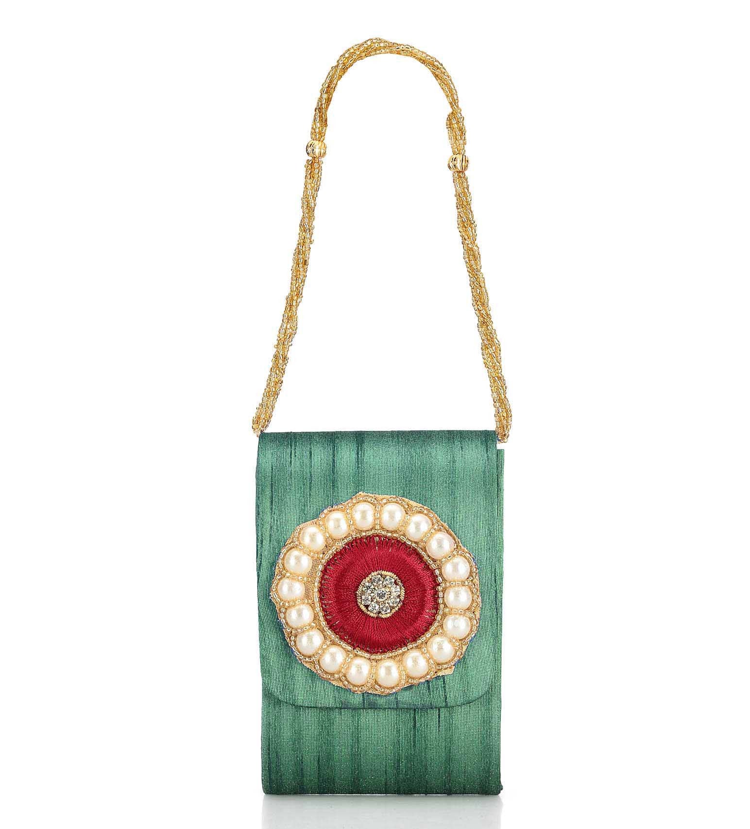 Green Art Silk Mobile Pouch