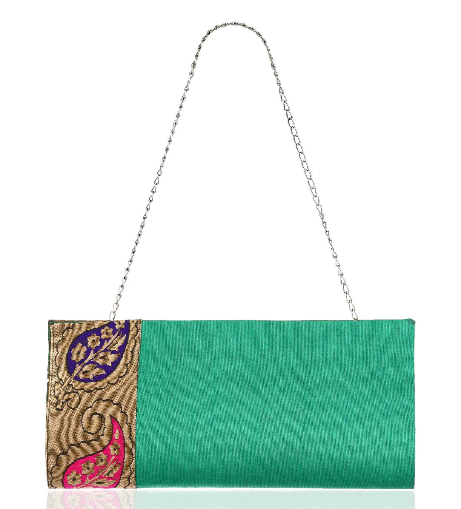 Green Art Silk Brocade Clutch