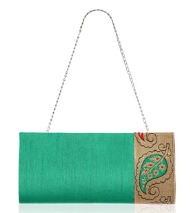 Green Art Silk Brocade Clutch