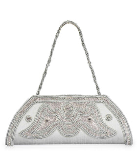 Silver Art Silk Studded Clutch with Chain