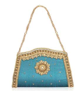 Blue Art Silk Stone Studded Clutch