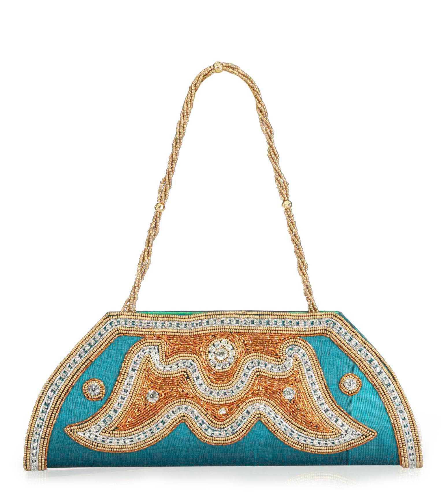 Blue Art Silk Studded Clutch with Chain