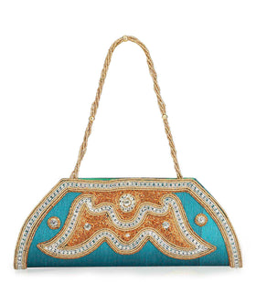 Blue Art Silk Studded Clutch with Chain