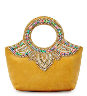 Yellow Velvet Pearl Studded Clutch