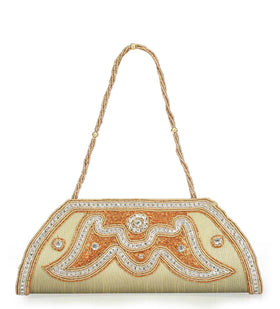 Golden Art Silk Studded Clutch with Chain