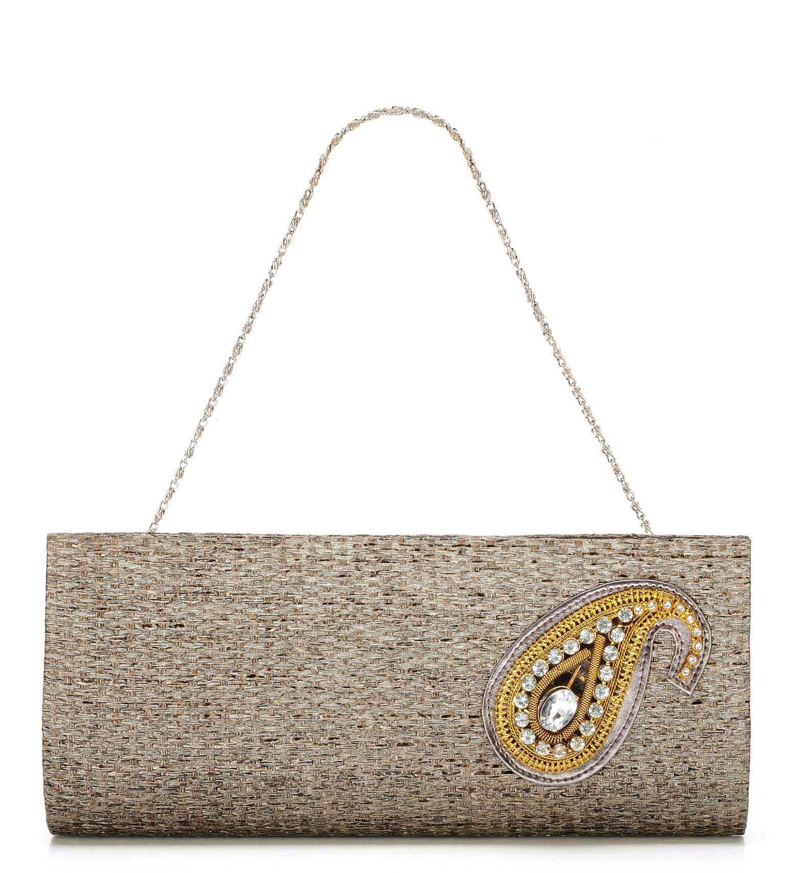 Grey Jute Stone Studded Clutch