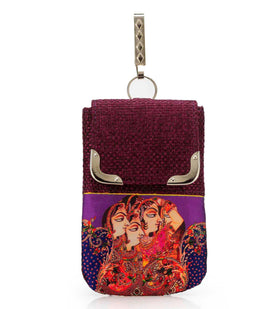 Burgundy Jute Printed Mobile Pouch